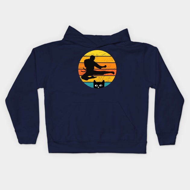 Retro Silhouette Karate Cat Design Kids Hoodie by Midlife50